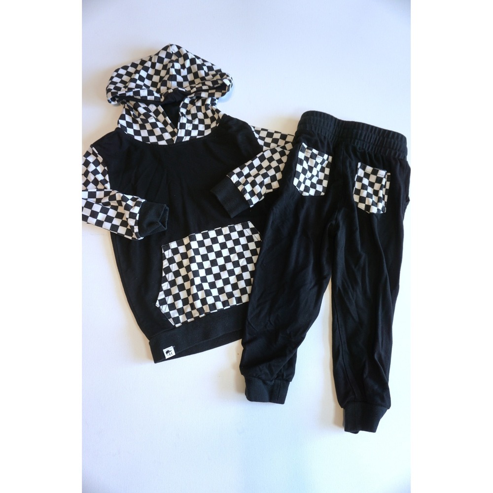 George Hats Kids Checkerboard Bamboo Hoodie and Jogger Set Black White 18-24M